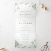 セージ緑のラインアートの花結婚写真 三つ折り招待状 (内部)