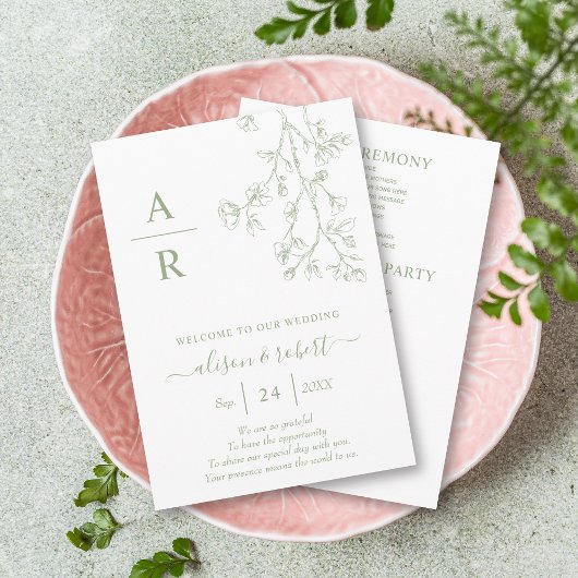 セージ緑のラインアートはモノクロ結婚の花 プログラム