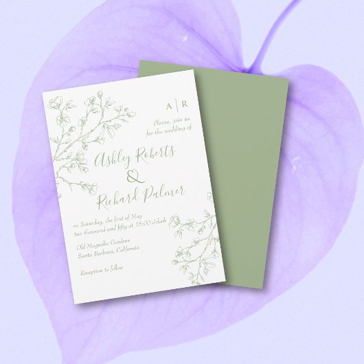 セージ緑のラインアートはモノクロ結婚の花 招待状