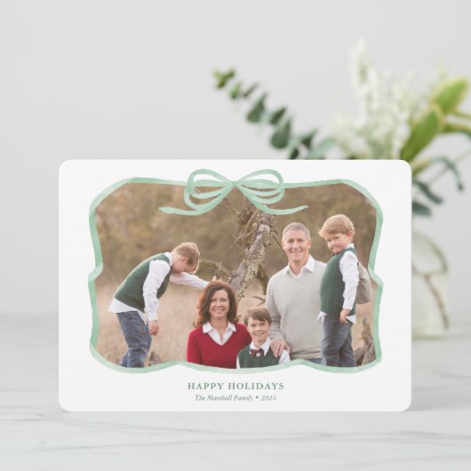 セージ緑のリボン枠メリークリスマスフォト シーズンカード (スタンド正面)