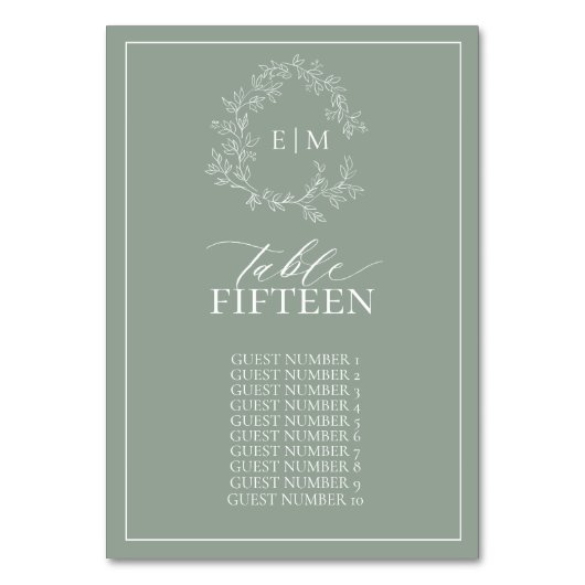 セージ緑のリーフィクレストモノグラム結婚のテーブル番号 テーブルナンバー (正面)