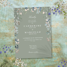セージ緑のワイルドフラワーウォーターカラー結婚フローラ 招待状