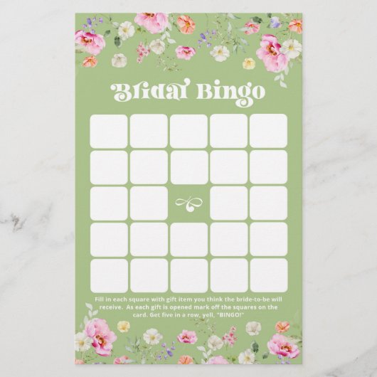 セージ緑のワイルドフラワーブライダルシャワービンゴゲーム (正面)