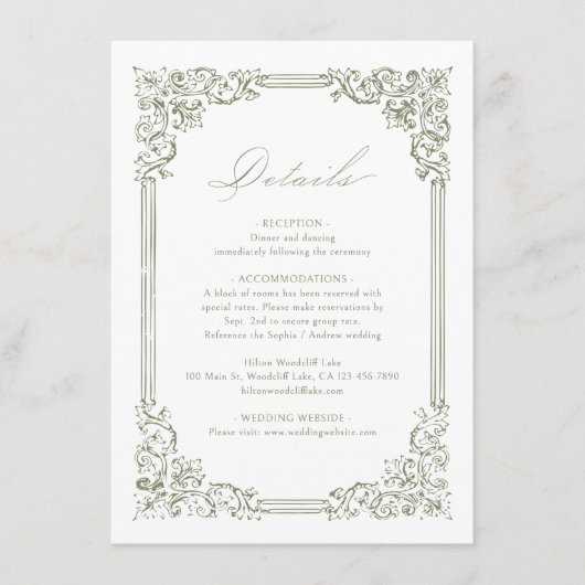 セージ緑のヴィンテージフレームエレガントなウェディング詳細 エンクロージャーカード (正面)