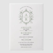 セージ緑のヴィンテージフローラクレストモノグラム結婚ズ ベラム紙招待状