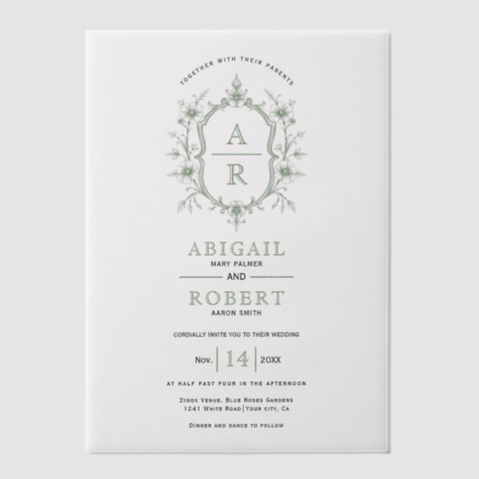 セージ緑のヴィンテージフローラクレストモノグラム結婚ズ ベラム紙招待状