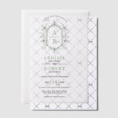 セージ緑のヴィンテージフローラクレストモノグラム結婚ズ ベラム紙招待状