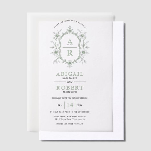 セージ緑のヴィンテージフローラクレストモノグラム結婚ズ ベラム紙招待状 (オフセット)