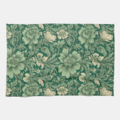 セージ緑のヴィンテージフローラルパターン キッチンタオル (横)