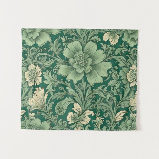 セージ緑のヴィンテージフローラルパターン タペストリー (正面(横))