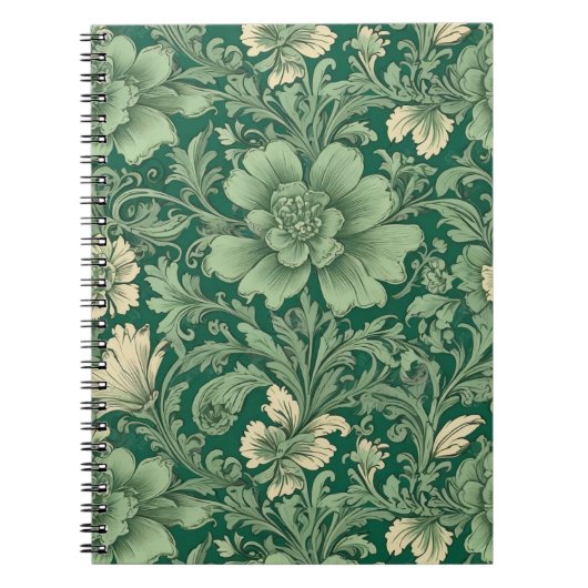 セージ緑のヴィンテージフローラルパターン ノートブック (正面)