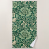 セージ緑のヴィンテージフローラルパターン ビーチタオル (正面)