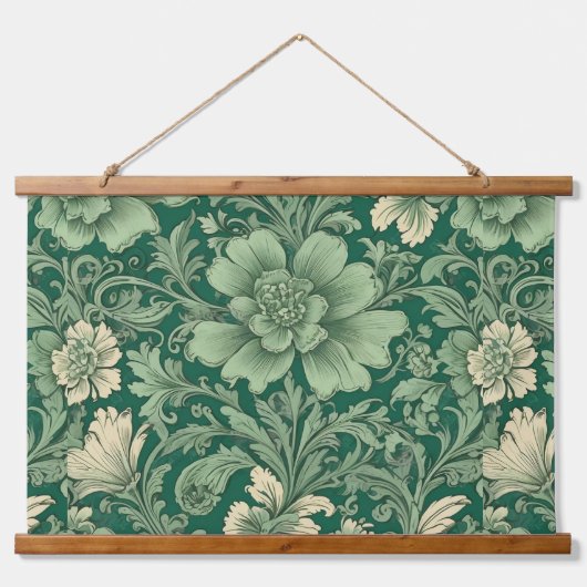 セージ緑のヴィンテージフローラルパターン 吊り下げ型タペストリー (正面)