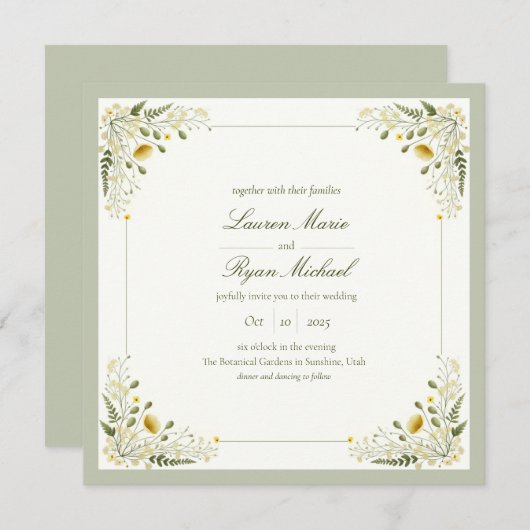 セージ緑のヴィンテージワイルドフラワーカスタマイズ 招待状 (正面/裏面)