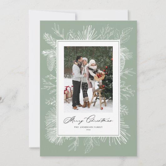 セージ緑のヴィンテージ植物体フレームメリークリスマス シーズンカード (正面)