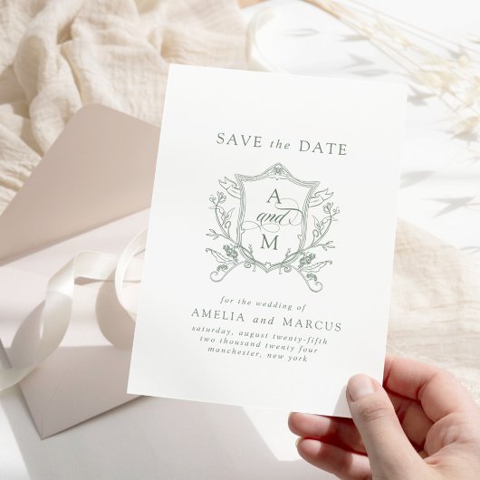 セージ緑のヴィンテージcrest日付の保存 招待状