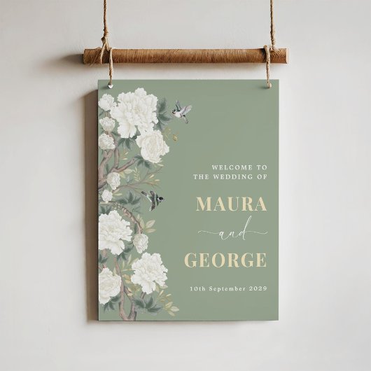 セージ緑の中華料理の花の結婚鳥の歓迎 ポスター