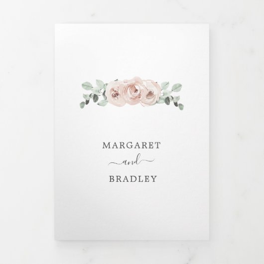 セージ緑の写真ピンクダスティーバラ結婚フローラ 三つ折り招待状 (カバー)