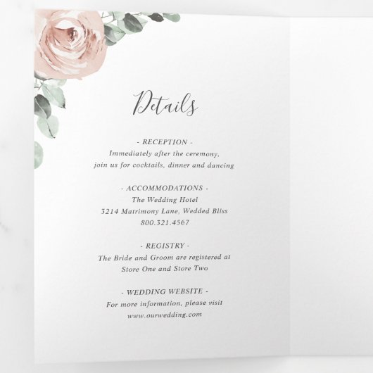 セージ緑の写真ピンクダスティーバラ結婚フローラ 三つ折り招待状 (内部最初)