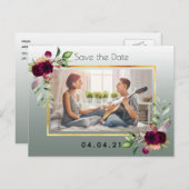 セージ緑の写真フローラ結婚式の日付を保存 案内ポストカード (正面/裏面)