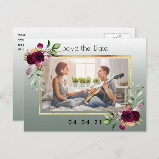 セージ緑の写真フローラ結婚式の日付を保存 案内ポストカード (正面/裏面)