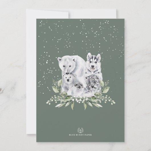 セージ緑の冬の北極動物の赤ちゃんシャワー 招待状 (裏面)