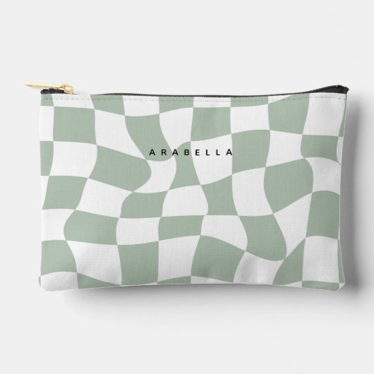 セージ緑の反ったチェッカーボード アクセサリーポーチ (正面)