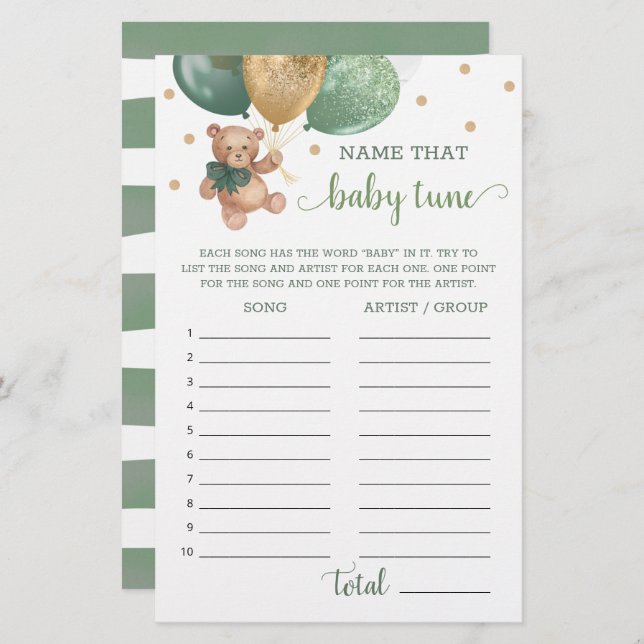 セージ緑の名前そのベビーチューンゲームテディベア (正面/裏面)