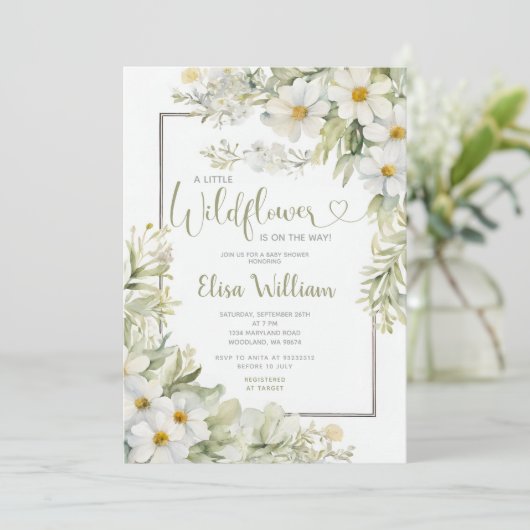 セージ緑の小さなワイルドフラワーガールベイビーシャワー 招待状 (スタンド正面)