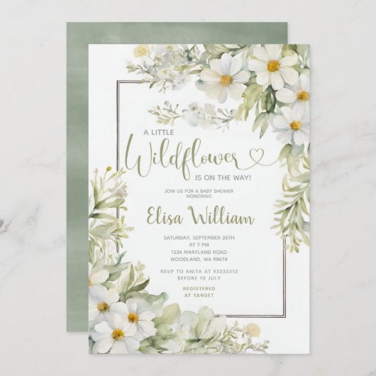セージ緑の小さなワイルドフラワーガールベイビーシャワー 招待状 (正面/裏面)