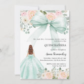 セージ緑の弓ピンクの花模様ドレスキンセアニェラ 招待状 (正面)