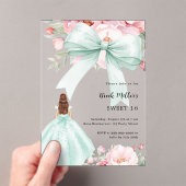セージ緑の弓ピンクの花模様ドレス澄ん甘い16 アクリル招待状 (インサイチュ (ポータブル))