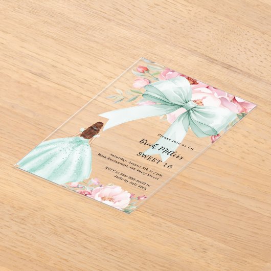 セージ緑の弓ピンクの花模様ドレス澄ん甘い16 アクリル招待状 (レイダウン)