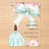 セージ緑の弓ピンクの花模様ドレス澄ん甘い16 アクリル招待状 (正面)