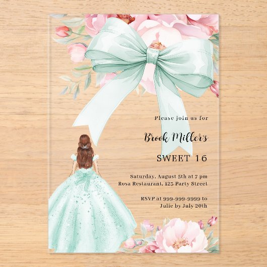 セージ緑の弓ピンクの花模様ドレス澄ん甘い16 アクリル招待状 (正面)