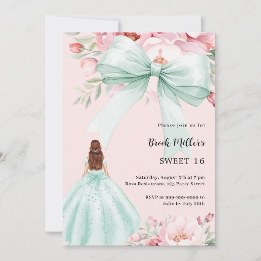 セージ緑の弓ピンクの花模様ドレス甘い16 招待状 (正面)