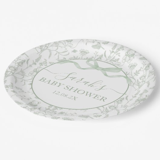 セージ緑の弓ベビーシャワーボーイ ペーパープレート (アングル)