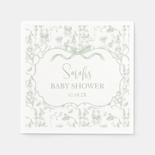 セージ緑の弓Chinoiserieベビーシャワー スタンダードカクテルナプキン (正面)