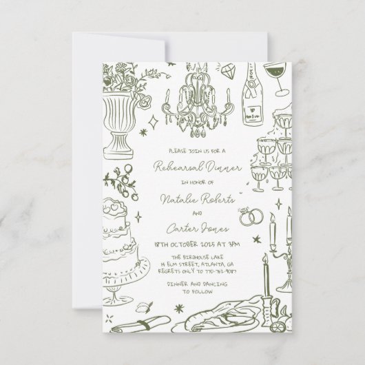 セージ緑の手描きリハお洒落ーサルディナー 招待状 (正面)
