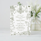 セージ緑の手描きリハお洒落ーサルディナー 招待状 (スタンド正面)