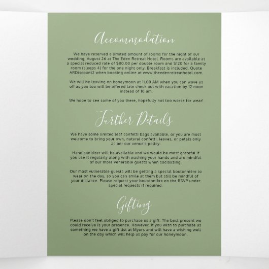 セージ緑の文字と白の小さなハート結婚の 三つ折り招待状 (内部中)