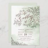 セージ緑の書道の素朴なフローラ結婚の 招待状 (正面/裏面)