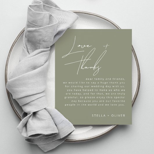 セージ緑の書道結婚式のレセプションカード