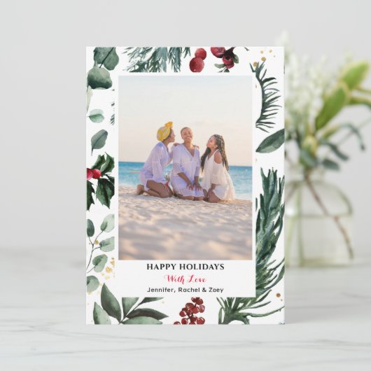 セージ緑の松の枝レッドベリーメリークリスマス シーズンカード (スタンド正面)