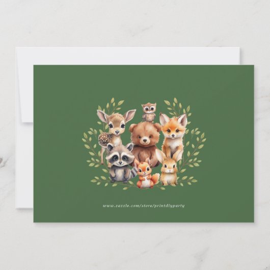 セージ緑の森林動物ニュートラルベビーシャワー 招待状 (裏面)