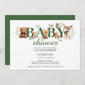 セージ緑の森林動物ニュートラルベビーシャワー 招待状 (正面/裏面)
