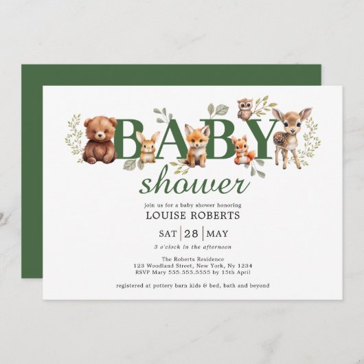 セージ緑の森林動物ニュートラルベビーシャワー 招待状 (正面/裏面)