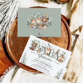 セージ緑の森林動物ニュートラルベビーシャワー 招待状