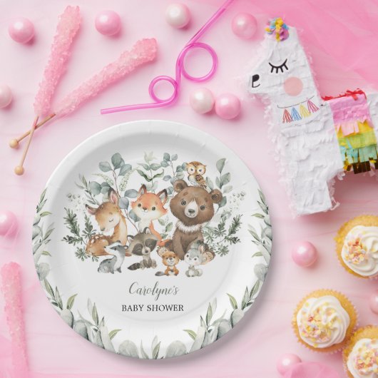 セージ緑の森林動物ユーカリ赤ちゃんシャワー ペーパープレート (パーティー)