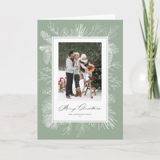 セージ緑の植物体フレームMerry Christmas写真 シーズンカード (正面)